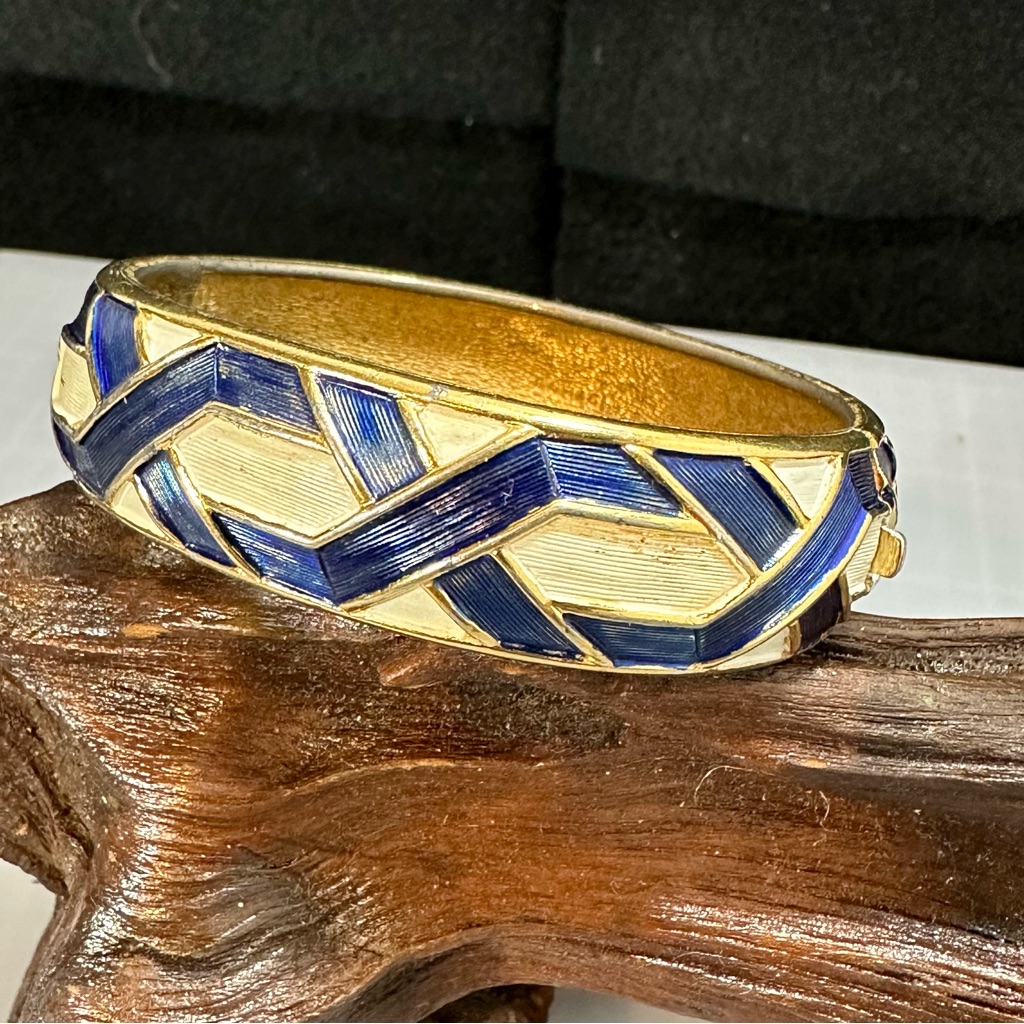 Marcel Boucher Vintage Cuff Bracelet Gold Tone With Blue And White Enamel